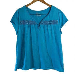 Classic Elements Blue Top Size XL Crochet V Neck Short Sleeves 100% Cotton Shirt